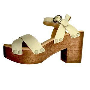Sam Edelman Women Beige Leather Platform Sandals Wooden Heel Ankle Strap 9 NWOB